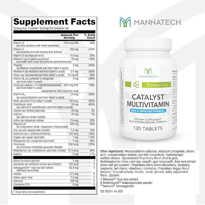 Mannatech Catalyst Multivitamin 120 Tablets Maximize Your Multivitamin. Provides Antioxidants Vitamin A Vitamin C and Vitamin E Now with Ashwagandha to Support You Physically and Emotionally