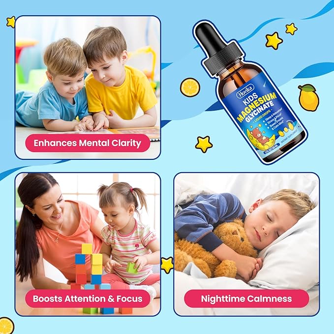 2 Pack Kids Magnesium Glycinate Liquid Drops with L-Theanine Omega-3 Vitamin B6 D3 Zinc - Magnesium Drops for Kids Strawberry &amp Lemon Flavor
