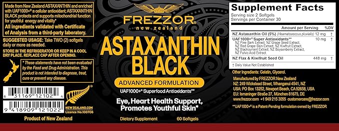 FREZZOR Astaxanthin Black with UAF1000+ Super Antioxidant Supports Heart Eye &amp Brain Health Anti-Aging Skincare &amp Cellular Protection 12mg Astaxanthin per Serve 180 Softgels 3 Month Supp