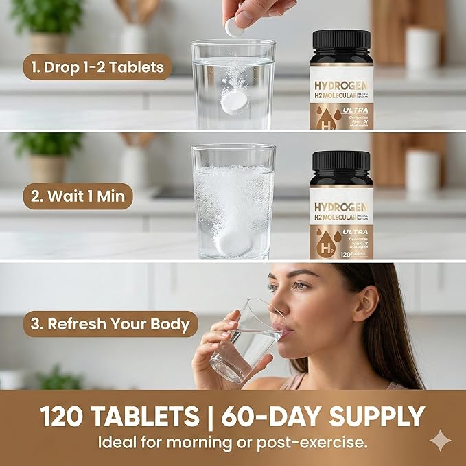 Hydrogen Water Tablets Molecular Hydrogen Supplement for Cognitive Function &amp Energy Create Water with Refreshing Hydration (120 Tablets)