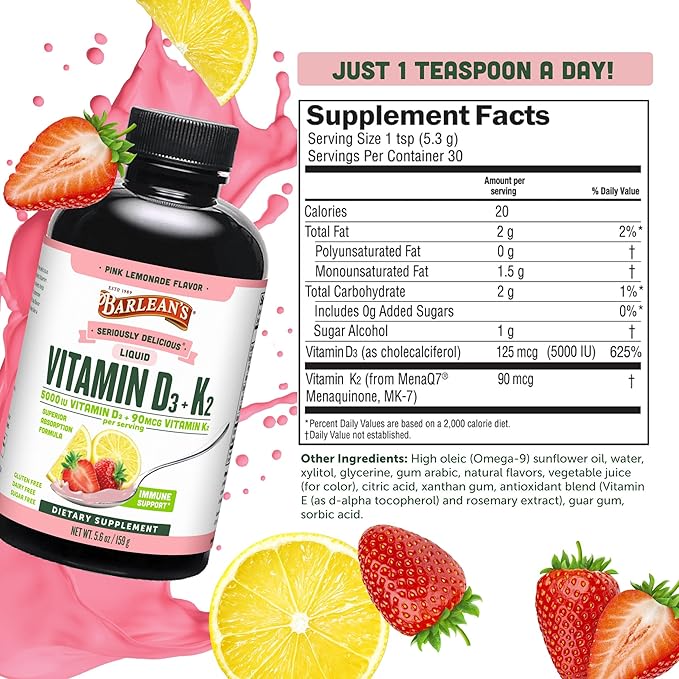 Barlean's Pack of 2 Vitamin D3+K2 Liquid Supplement for Kids and Adults 5000 IU Vitamin D Pink Lemonade Non-GMO Gluten and Dairy Free 5.6 oz Each
