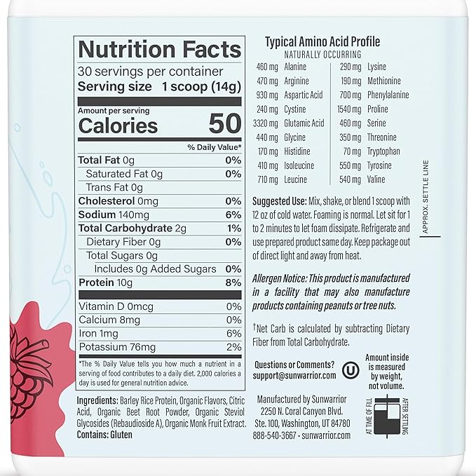 Sunwarrior Clear Protein Powder Plant-Based Water Mix Vegan and Refreshing Protein and Hydration Supplement 10g Per Serving Raspberry Flavored 420g Tub 30 Servings