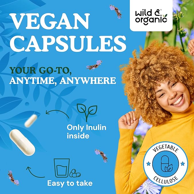Wild &amp Organic Inulin Capsules 1400 mg - Digestive &amp Gut Support - Chicory Root Inulin Fiber Supplement - Prebiotic Fiber Derived from Chicory Powder - Vegan No Fillers Non-GMO - 180 Count