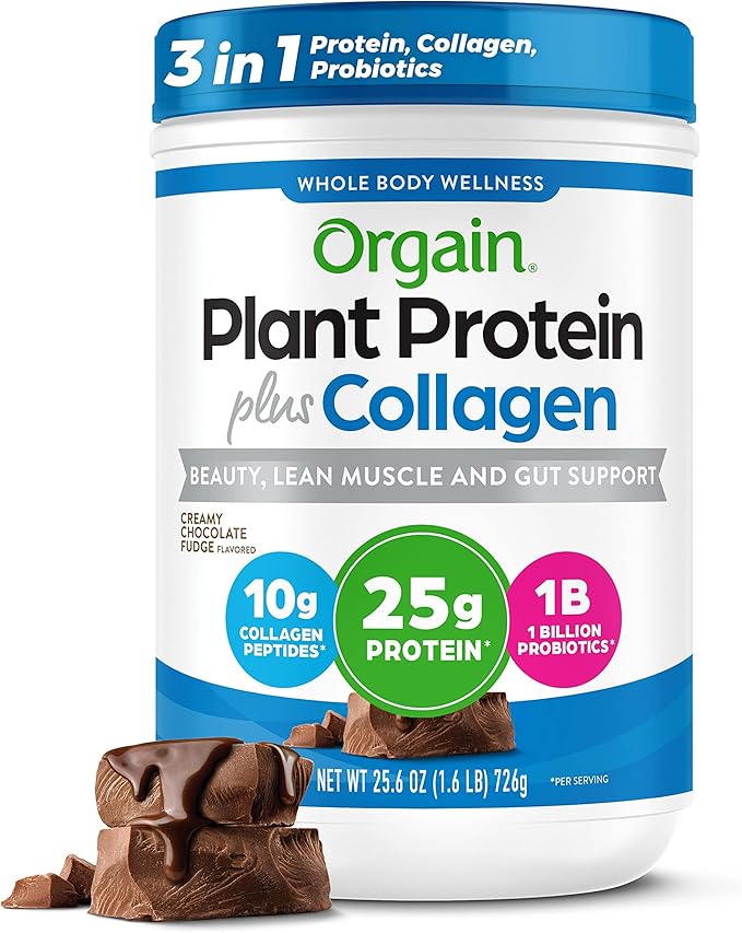 Orgain Protein Powder + Collagen Creamy Chocolate Fudge - 25g of Protein 10g Collagen Peptides Type I &amp III 1B CFU Probiotics Supports Hair Skin Nail Joint &amp Gut Health Gluten Free -