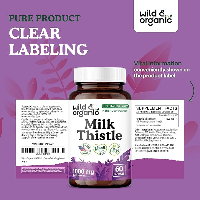 Wild &amp Organic Milk Thistle Capsules 1000mg - Liver Support Supplement - Silymarin Milk Thistle Powder for Liver Cleanse - 60 Vegan Capsules - 1-Month Supply - No Fillers Non-GMO