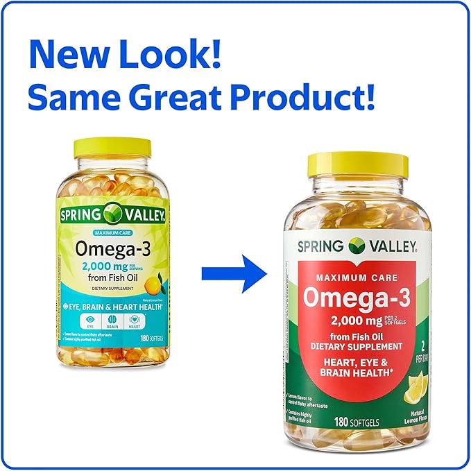 Spring Valley Maximum Care Omega-3 from Fish Oil Dietary Supplement Softgels for Eye Brain Bone &amp Heart Health 2000 mg 180 Count Pill Box.