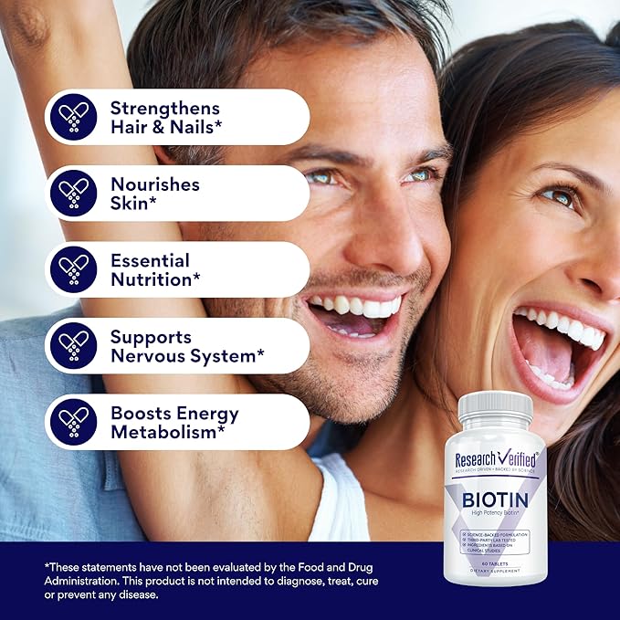 Research Verified Biotin – Pure Extra Strength Biotin 10000mcg – Hair Skin and Nails Vitamin – Third-Party Tested Made in USA – 60 Vegan Tablets