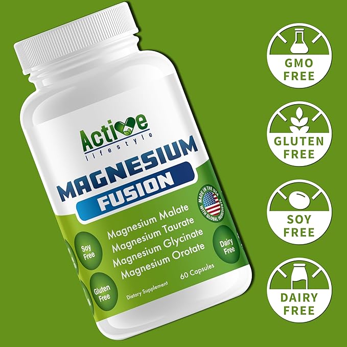 Active Lifestyle 4X Magnesium Supplement Magnesium Glycinate Taurate Malate Orotate Complex Calm Sleep GMO Free Gluten Free Soy Free Dairy Free Lab Tested Made in USA