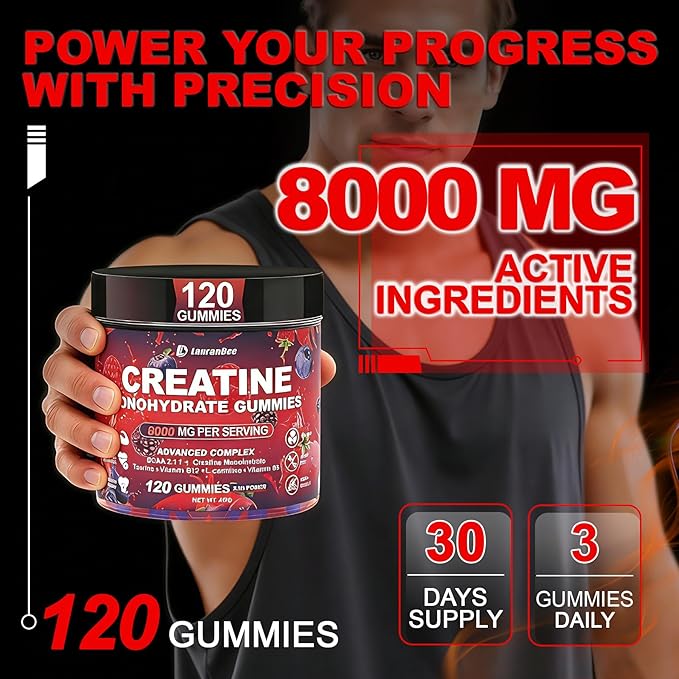 Creatine Monohydrate Gummies for Men &amp Women with L-Carnitine &amp Taurine – Pre-Workout Supplement for Muscle Strength Energy Boost – Sugar Free Vegan Berry Flavor Chewable Gummy 120 Count