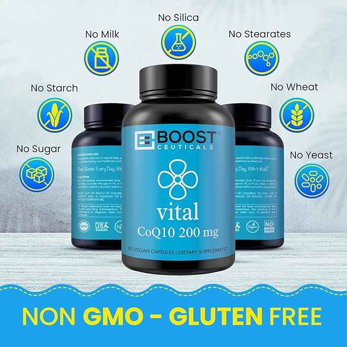 BoostCeuticals CoQ10 200mg Ubiquinone - Heart Health &amp Statin Muscle Support Cellular Energy Healthy Blood Pressure Range Powerful Antioxidant 90 Vegan Capsules