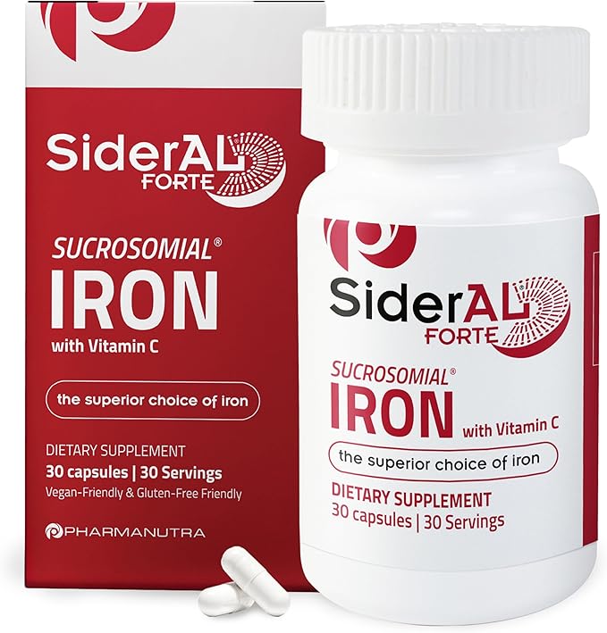 SiderAL Forte Iron Supplement Clinically Proven to Increase Levels Without Side Effects | Sucrosomial High Absorption Gentle Iron Pills for Women and Men | Vitamin C | Anemia &amp Energy Support | 30