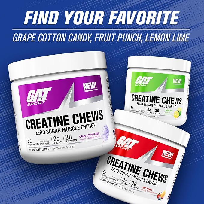 GAT SPORT Creatine Chews Zero Sugar 5g Pure Creatine Monohydrate 3rd Party Tested Brain Health Muscle Strength Anti-oxidant Support for Men &amp Women 30 Servings (Fruit Punch)