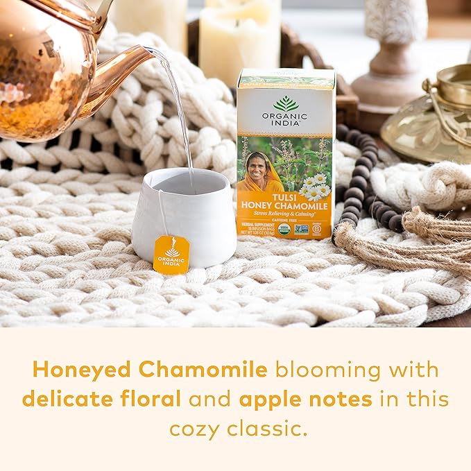 ORGANIC INDIA Tulsi Honey Chamomile Tea Bags - Herbal Tea for Stress Relieving &amp Calming USDA Certified Organic Caffeine Free - 18 Tea Bags 3 Pack