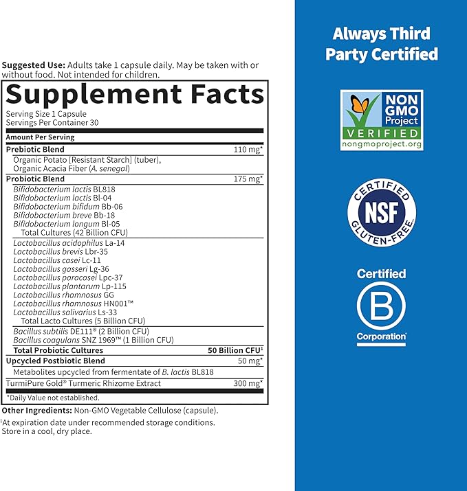 Garden of Life Dr Formulated Sport Probiotics Digestive Supplement Organic Prebiotics for Women &amp Men Athletes Clinically Studied Turmeric Curcumin 50 Billion CFU Gut Health Acidophilus 30ct