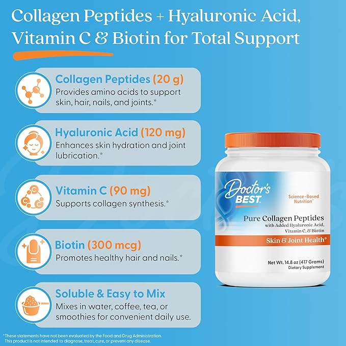 Doctor's BEST Pure Collagen Peptides w/Hyaluronic Acid - Collagen Powder Supplement for Women &amp Men Unflavored 18 g Protein &amp 90 mg Vitamin C per Serving Supports Healthy Skin &amp Hair -