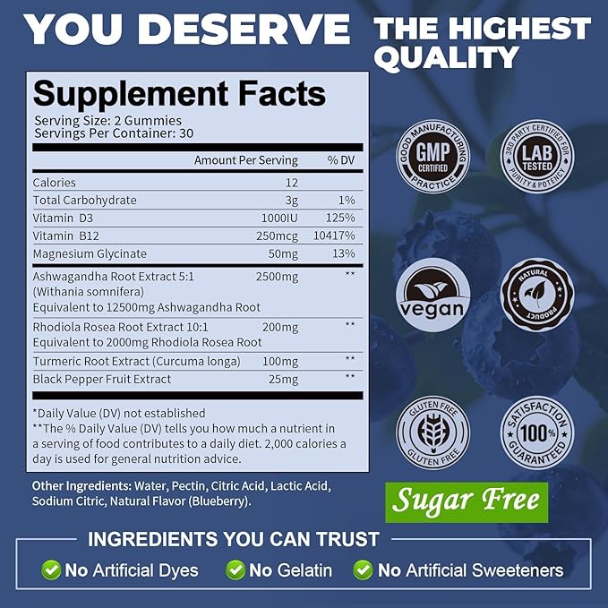 (2 Packs) Sugar Free Ashwagandha Filled Gummies w/Vitamin D3 Magnesium Glycinate Rhodiola Ultra Strength Ashwa Root Supplements for Women &amp Wen for Relaxation Energy Cortisol Gummies