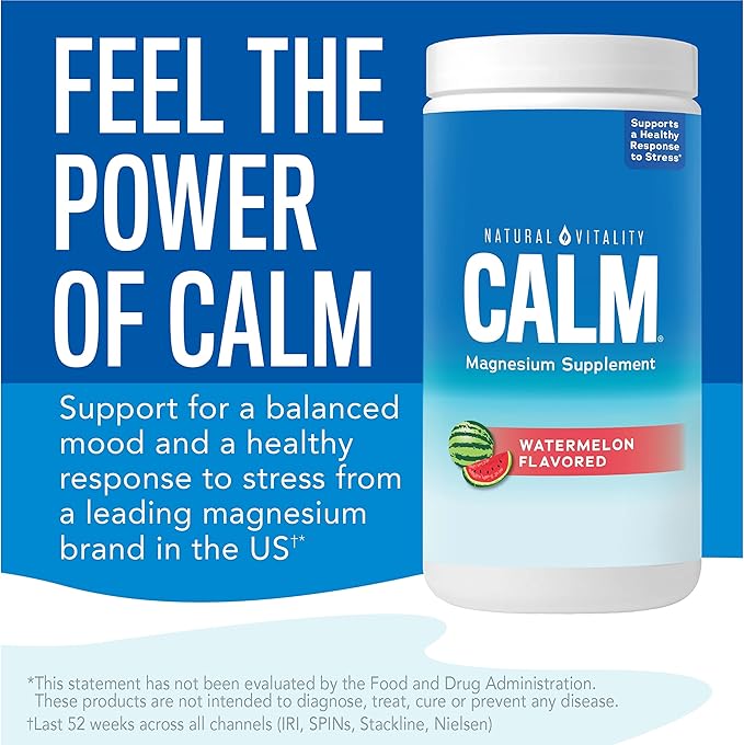 Natural Vitality Calm Magnesium Supplement Anti-Stress Drink Mix Powder Gluten Free Vegan &amp Non-GMO Watermelon 16 oz