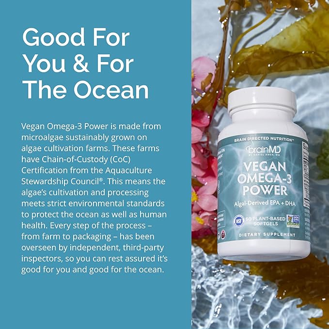BRAINMD Dr Amen Vegan Omega-3 Power - 60 Plant-Based Softgels - 1100 mg of EPA &amp DHA - Supports Focus Memory &amp Heart Health - Vegan Gluten Free &amp Non-GMO - 30 Servings