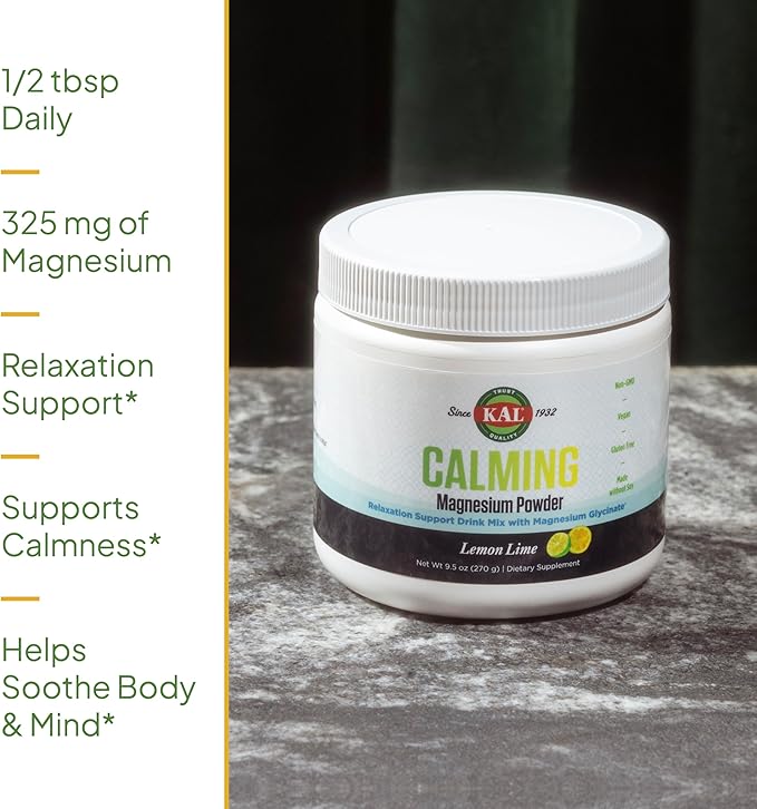 KAL Calming Magnesium Powder - Lemon Lime Flavor Magnesium Supplement - High Absorption Relaxation Support No Added Sugar Vegan Gluten Free Made Without Soy - 40 Servings 9.5 oz