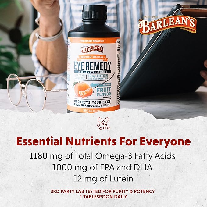 Barlean's Eye Remedy Supplement Tangerine Flavored Fish Oil Liquid with Lutein Astaxanthin and Zeaxanthin1000mg Omega 3 EPA DHA Eye Care Supplements 16 oz