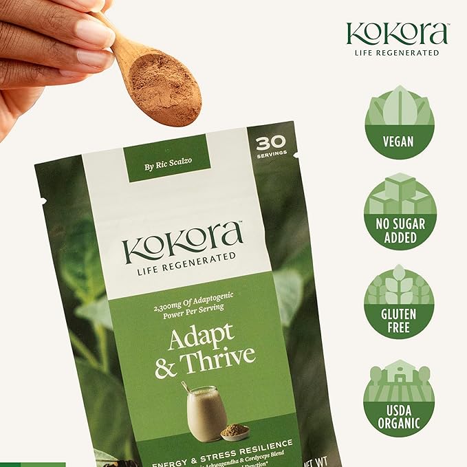 Adapt &amp Thrive - Energy &amp Adrenal Support Stress Relief Relaxation* - Organic Adaptogenic Mushroom Powder with Ashwagandha and Cordyceps - Vegan Non-GMO No Added Sugar - 120g -30 Servings