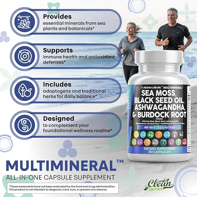 Clean Nutraceuticals Sea Moss Black Seed Oil Ashwagandha Turmeric Bladderwrack Burdock &amp Vitamin C Vitamin D3 with Elderberry Manuka Dandelion Yellow Dock Iodine Chlorophyll ACV - 2Pack (Pack of 2