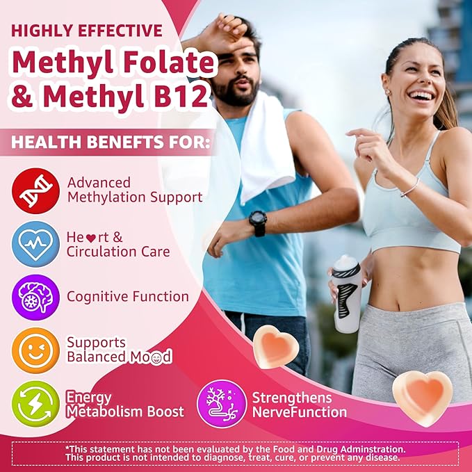 L-Methylfolate 15mg &amp 2000 mcg Methyl B12 Gummies Extra Strength Methylation Support for Women and Men Active 5-MTHF with CoQ10 Magnesium TMG L-Theanine B1 B2 B6 B9 for Cognitive Energy60