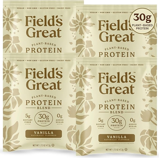 Field's Great Plant-Based Protein with Fiber for Muscle Maintenance Vegan Protein Powder Whey Free Gluten Free Dairy Free - 30g of Protein and 5g Fiber in Each Serving (Vanilla -4 Pack)
