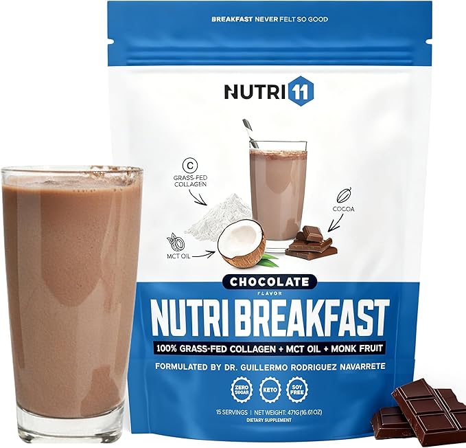 Nutri11 NutriBreakfast by Nutrillermo/Keto Protein Collagen Powder with MCT Oil/MCT Oil Powder/Keto Collagen Peptides with Grass-Fed Bovine Collagen Type I &amp III (15.9 Chocolate)