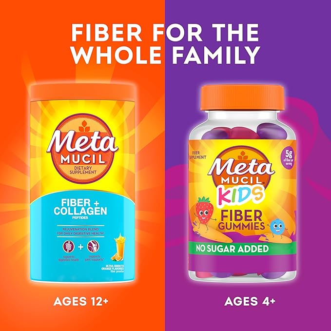 Metamucil Daily Fiber + Collagen Psyllium Husk Powder Plant Based Fiber Supplement Sugar-Free with Stevia 3-in-1 Fiber Supplement for Digestive Health Orange Flavored 90 Doses