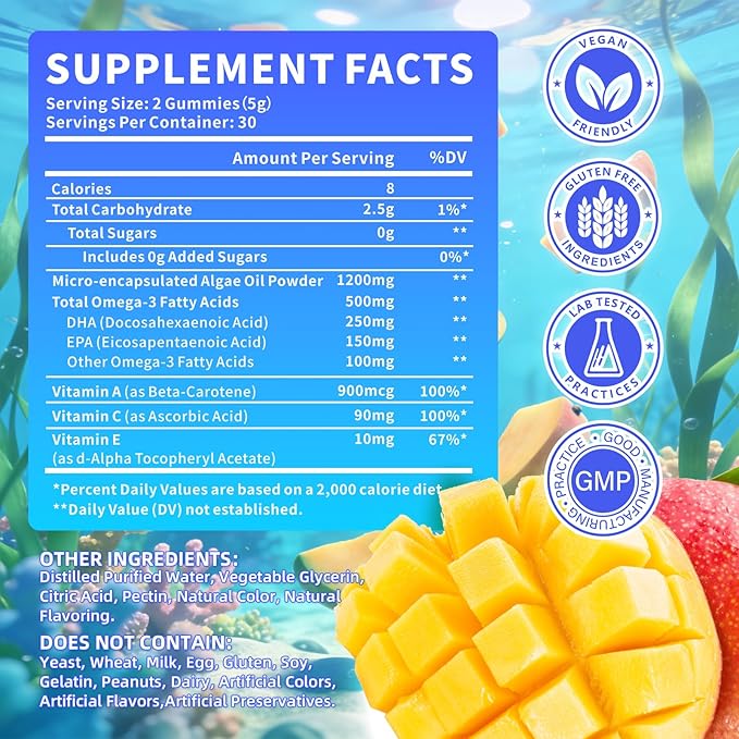 Vegan Omega-3 Gummies 500mg Omega 3 Fish Oil Alternative for Adults with Plant-Based EPA &amp DHA &amp Vitamin A C E for Brain Eye &amp Immune Health Sugar Free Mango Flavor 120 Count