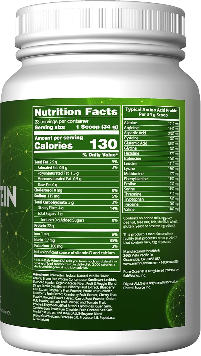 MRM Nutrition Veggie Protein with Superfoods - Vanilla Flavored Protein Powder for Women &amp Men 22g of Vegan Protein Amino Acids &amp Digestive Enzymes Gluten &amp Dairy Free - 33 Servings