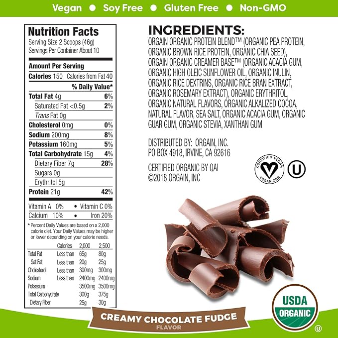 Orgain Organic Plant Based Protein Powder Creamy Chocolate Fudge - 1.02 Pound &amp Organic Plant Based Protein Powder Vanilla Bean - Vegan Low Net Carbs Non Dairy Gluten Free 1.02 Pound