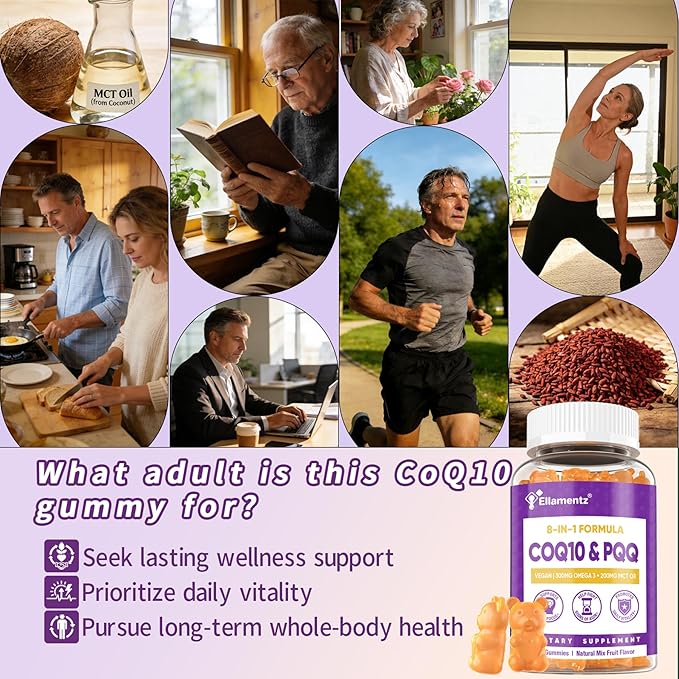CoQ10 Gummies 200mg with PQQ Red Yeast Rice &amp Omega 3 | High Absorption Coenzyme Q10 Supplements for Hear-t Health Brain &amp Cellular Energy | Sugar-Free Vegan 120 Counts
