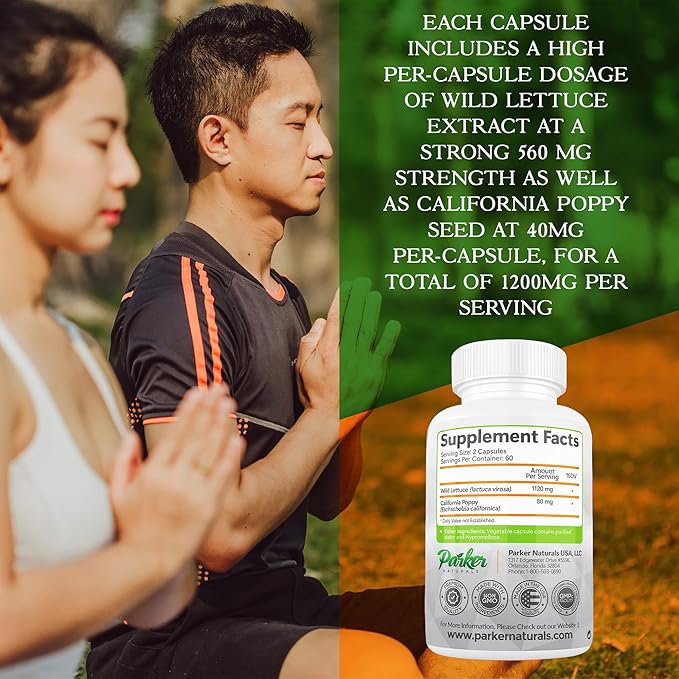 Parker Naturals Wild Lettuce Extract &amp California Poppy Seed Supplement 2 Way Premium Strength Herbal Supplement for Healthy Sleep &amp Relief Support 120 Capsules