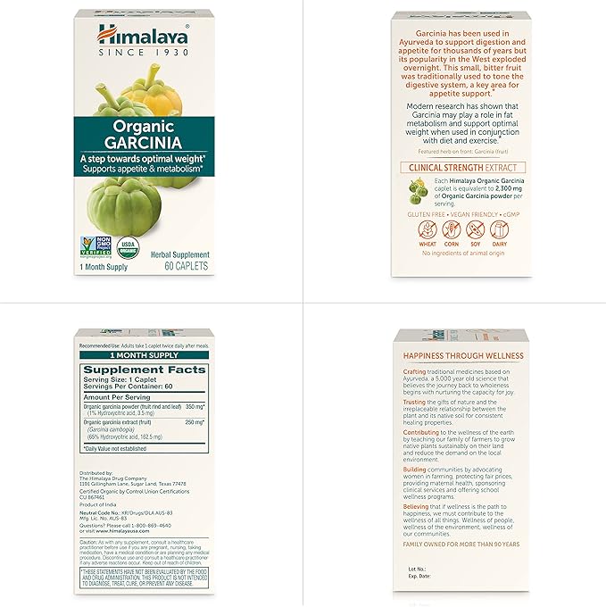 Himalaya Organic Garcinia Cambogia Herbal Supplement Appetite Support Lipid Metabolism Weight Support USDA Organic Non-GMO Vegan 600 mg 60 Plant-Based Caplets 2 Pack