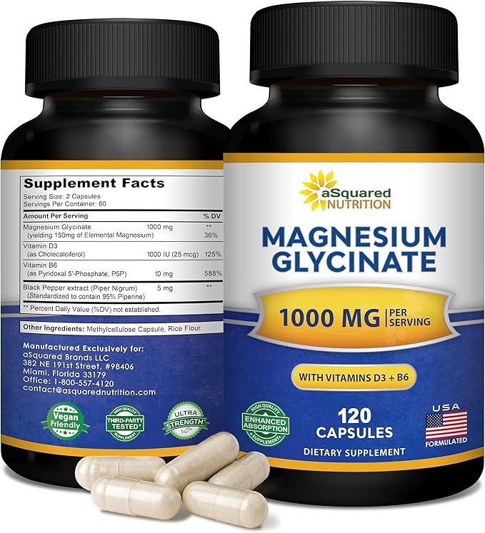 Magnesium Glycinate 1000mg with Vitamin D3 &amp B6-500mg per Capsule - Pure Elemental Mag Supplement Complex for Sleep Muscle Bone Health - Replace Gummies Tablets &amp Powder - 120 Capsules