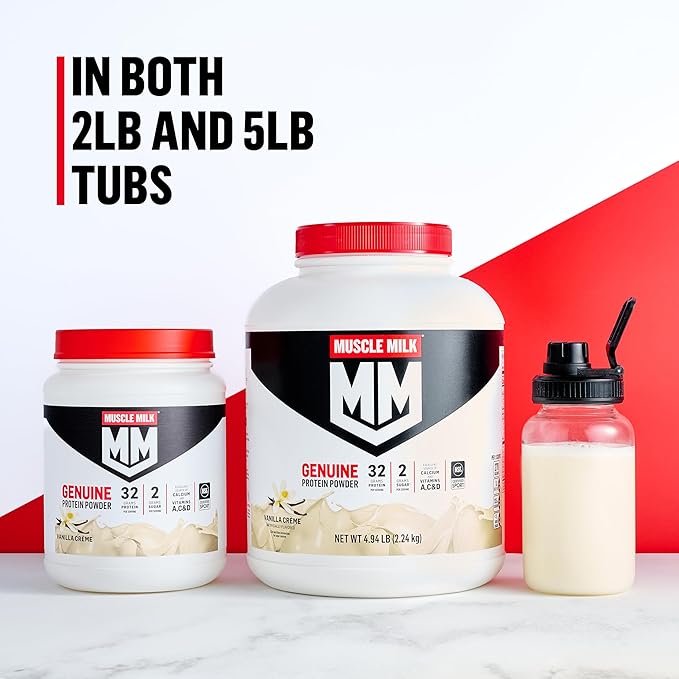 Muscle Milk Genuine Protein Powder Chocolate 4.94 Pound 32 Servings 32g Protein 2g Sugar Calcium Vitamins A C &amp D NSF Certified for Sport Energizing Snack Packaging May Vary