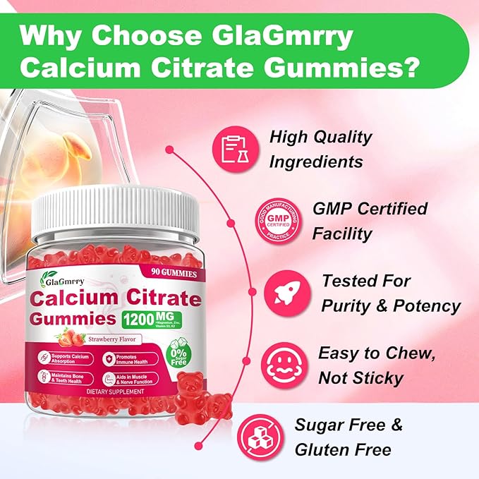 180 Count Calcium Citrate Gummies - 1200mg Calcium Gummies with Magnesium &amp 4 Essential Vitamins Support Bone Muscle Teeth Immunity Calcium Supplements for Women &amp Men Strawberry Flavor