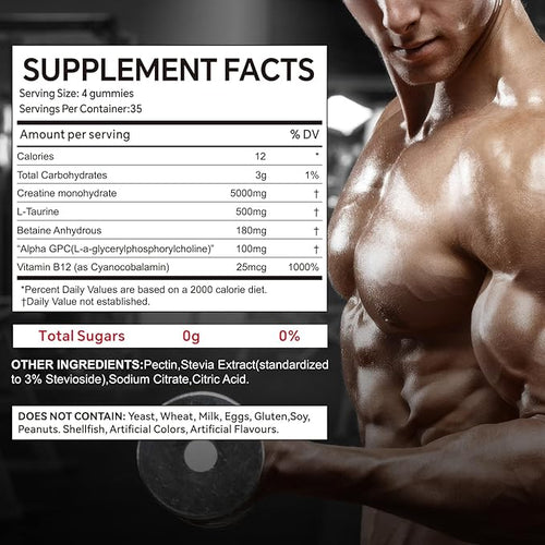 140 Count Creatine Monohydrate Gummies 5000mg Creatine Monohydrate No Sugar Gummies for Women &amp Men with L-Taurine Vitamin B12 for Muscle Strength Muscle Recovery Glute Builder Energy Boost