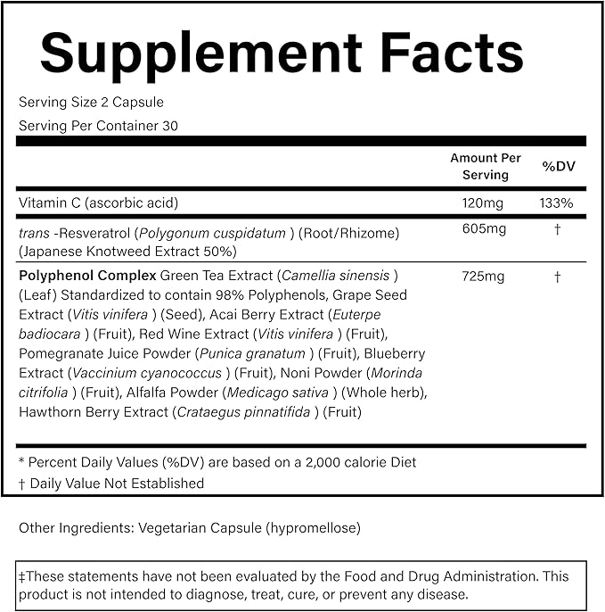 PURE® Resveratrol+ 605mg Trans-Resveratrol - 60 Capsules Anti-Aging &amp Longevity Supplement - 725mg Polyphenol Complex with Green Tea Grape Seed &amp Red Wine Extract - Heart Health &amp Antioxi