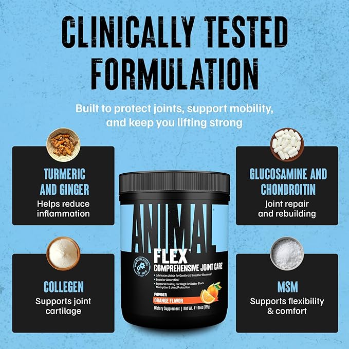 Animal Flex Powder - Joint Support Supplement for Pain Relief Repair and Restore Muscles with Turmeric Glucosamine Chondroitin MSM Collagen and Boswellia Great Tasting Orange Flavor 30 Scoops