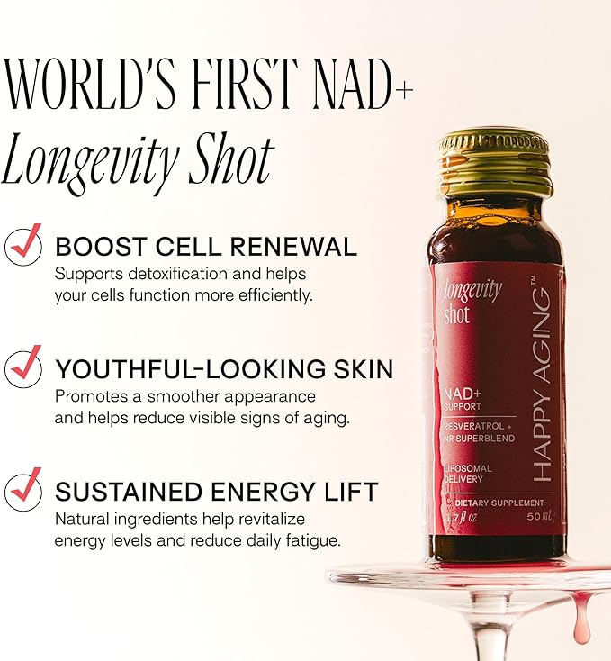 Happy Aging Liquid NAD+ Resveratrol Supplement NMN Alternative Liposomal Nicotinamide Riboside &amp Antioxidants for Energy Support Brain Health Firm Skin Twice Weekly Use 30 Shots