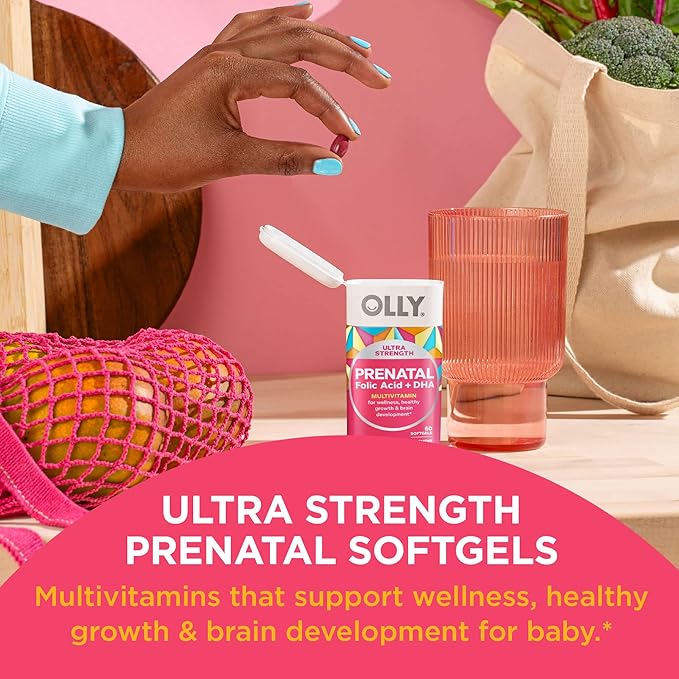 OLLY Ultra Strength Prenatal Multivitamin Softgels Supports Healthy Growth Brain Development &amp Probiotic + Prebiotic Gummy Digestive Support and Gut Health 500 Million CFUs Fiber