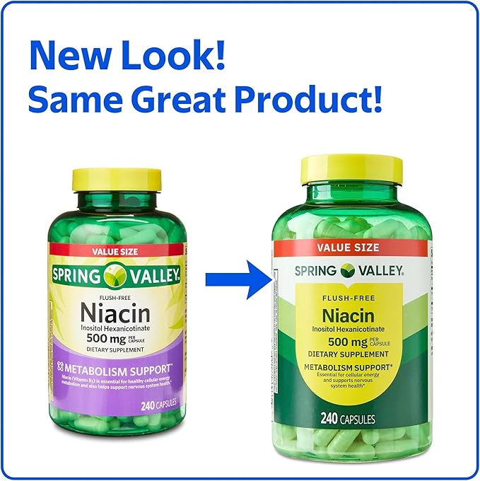 Spring Valley Vitamin B3 Niacin 500 mg Flush Free Capsules (Vitamin B3) Metabolism Support Gluten Free (240 Pills)