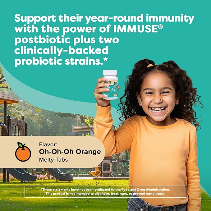 Renzo's Roll Call Immunity - Dissolvable Kids Immune Support Supplement with IMMUSE Postbiotic Sugar-Free Kids Vitamins 30 Orange-Flavored Melty Tabs