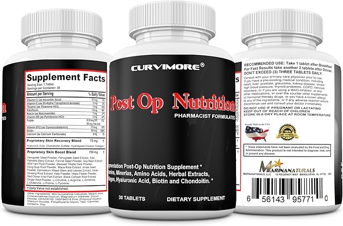Post OP Nutrition Pills Pre &amp Post Op Support. Aids Recovery Time and Decrease Scar and Wound Formation. Support Scar and Skin Healing. “Not a Scar Cream” 30 Tablets