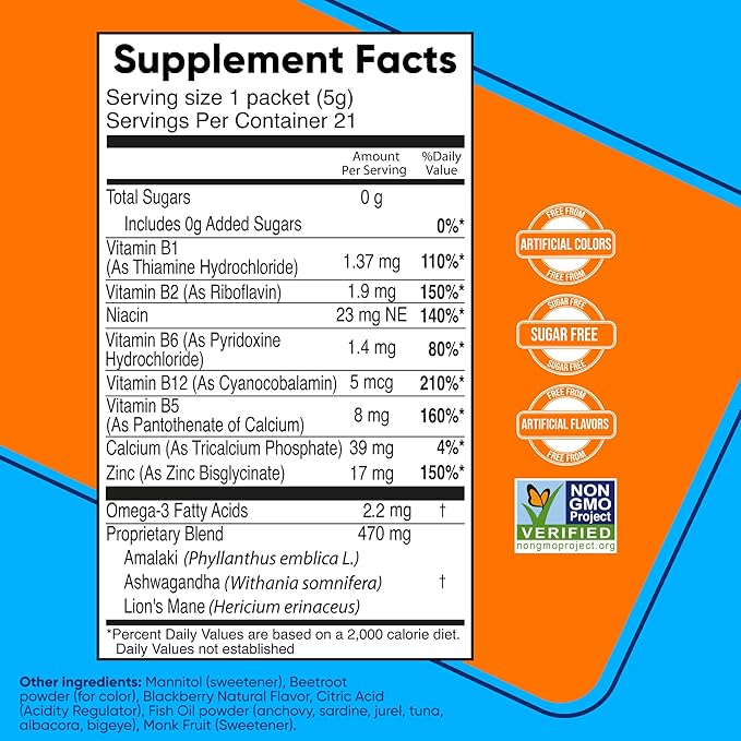 Supplement Focus Sugar Free Dietary Supplement Drink Mix with Ashwagandha Lion’s Mane B Vitamins B1 B2 B3 B5 B6 B12 for Cognitive Performance &amp Clarity BlackBerry 21 Day Supply