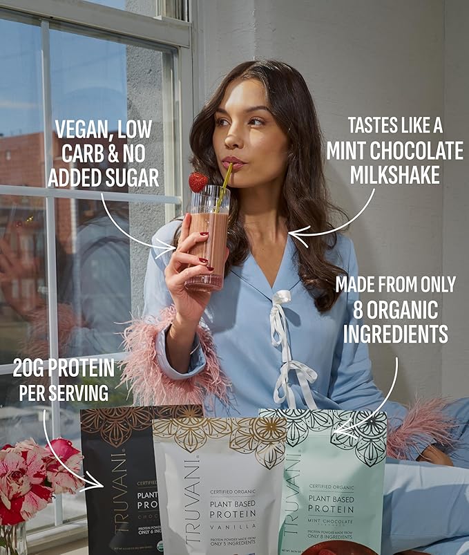 Truvani Vegan Pea Protein Powder | Mint Chocolate | 20g Organic Plant Based Protein | Single Serving Travel Packets | 10 Servings | Keto | Gluten &amp Dairy Free | Low Carb | No Added Sugar