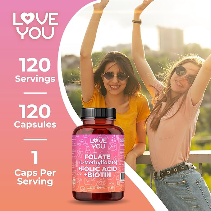 Love You Folate (L-Methylfolate) + Folic Acid + Biotin 10000 mcg - Vitamin B9 &amp B7 Blend for Cellular Function Energy &amp Wellbeing - 120 Vegan Caps